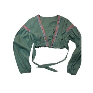 Boho Embroidered Crop Wrap Top Sage Green Puff Sleeve Smocked Back Medium